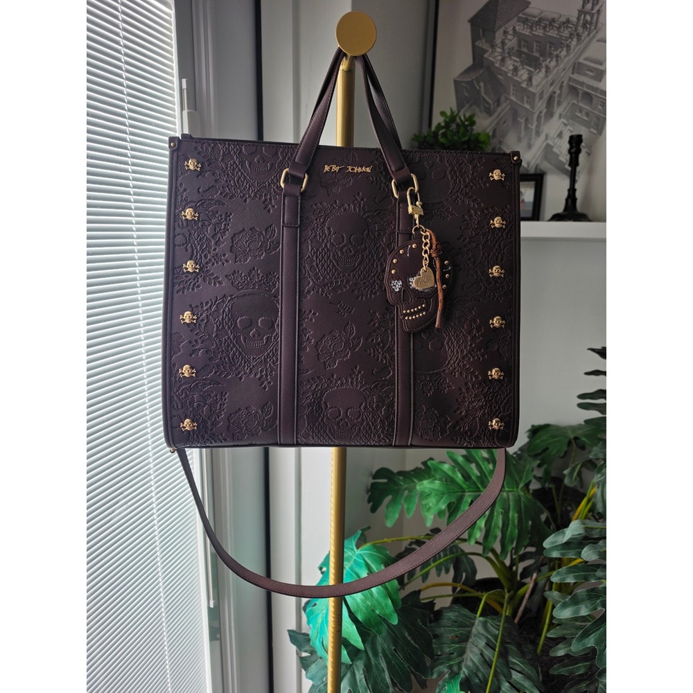 Betsey Johnson Brown Skull Embossed Tote Bag Studded Crossbody Handbag Gothic